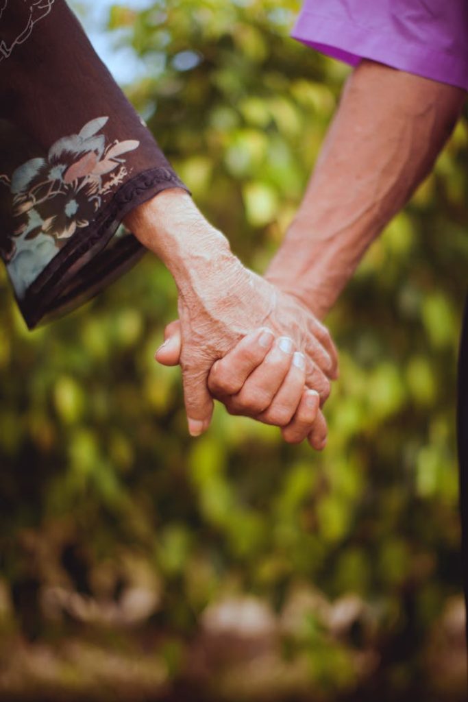 A touching image of elderly couple holding hands, symbolizing love and companionship in a natural setting.